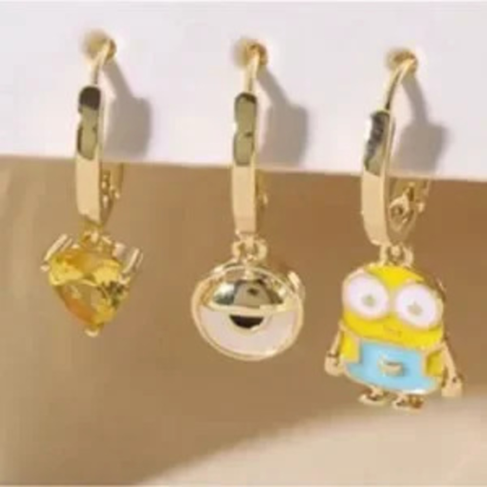 14K Gold Plated Minions Despicable Me Theme Huggie Hoop Mismatched Earrings Set